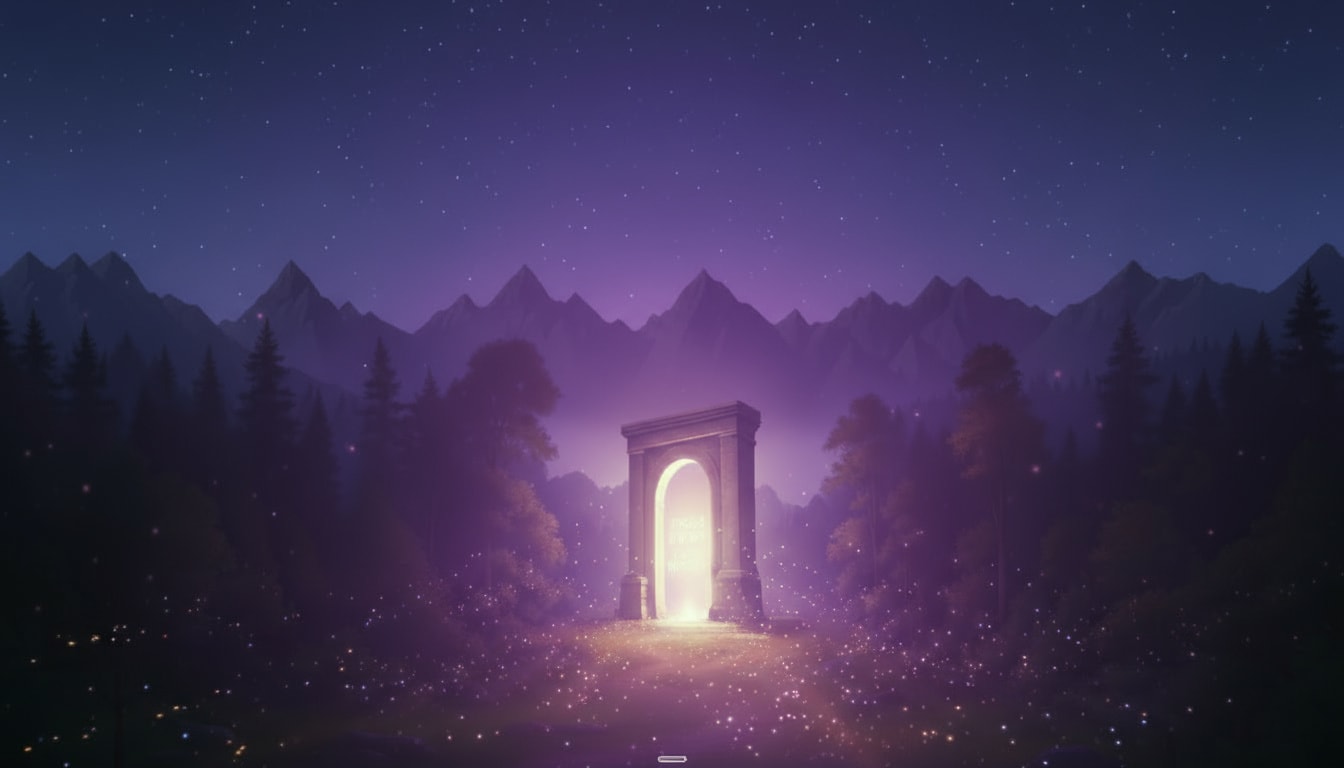Mystical night landscape with archway